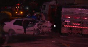 Acidente entre carro e dois caminhões  deixa quatro mortos na GO-219, em Guapó