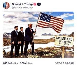 Trump publica imagem de IA cravando bandeira dos EUA na Groenlândia