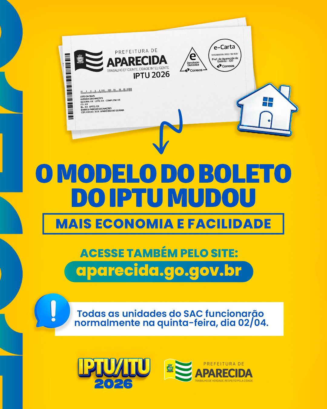 Prefeitura de Aparecida adota novo modelo de boleto do IPTU 2026 (foto: divulgação)