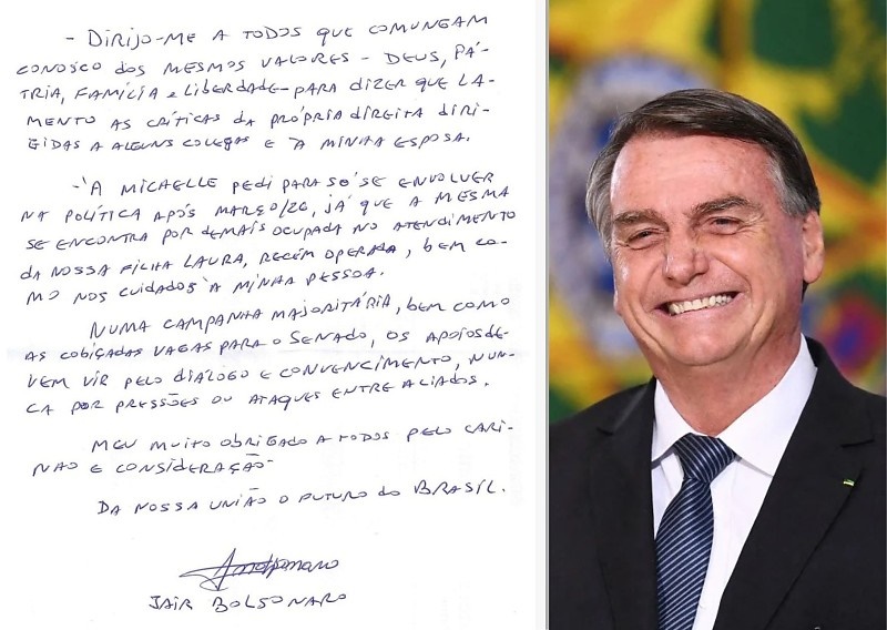 Em carta, Jair Bolsonaro lamenta críticas da direita a aliados e a Michelle