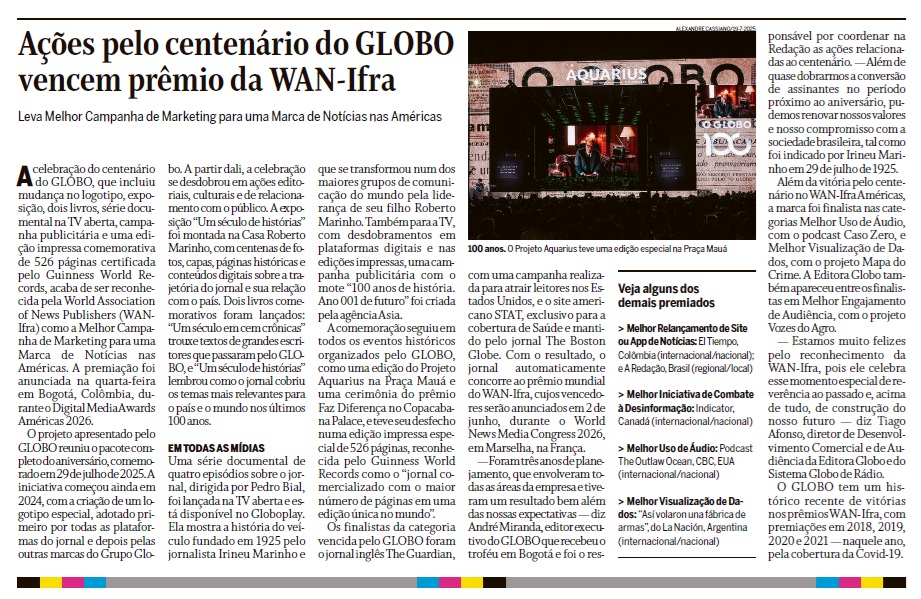 Prêmio internacional conquistado pelo portal A Redação é destaque no jornal O Globo