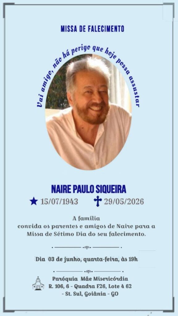 Missa de sétimo dia de Naire Siqueira será celebrada nesta terça-feira (2/6), em Goiânia