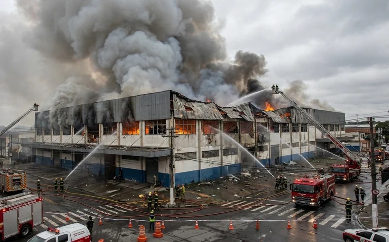 Grande incêndio em galpão de Guarulhos dura mais de 10h e mobiliza 38 bombeiros