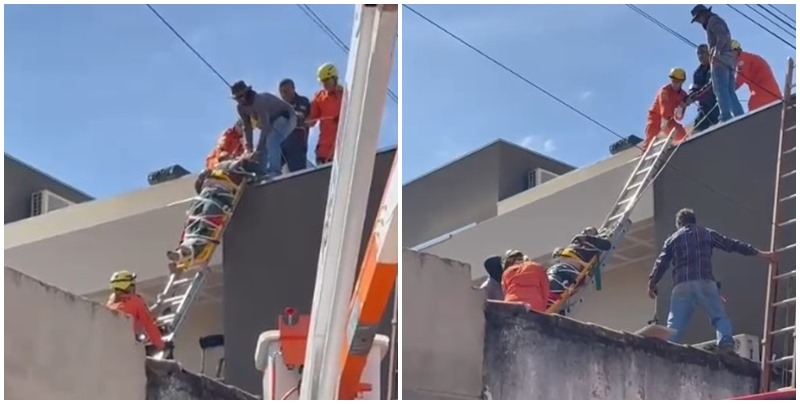 Homem vítima de choque elétrico é resgatado de laje por bombeiros militares em Carmo do Rio Verde