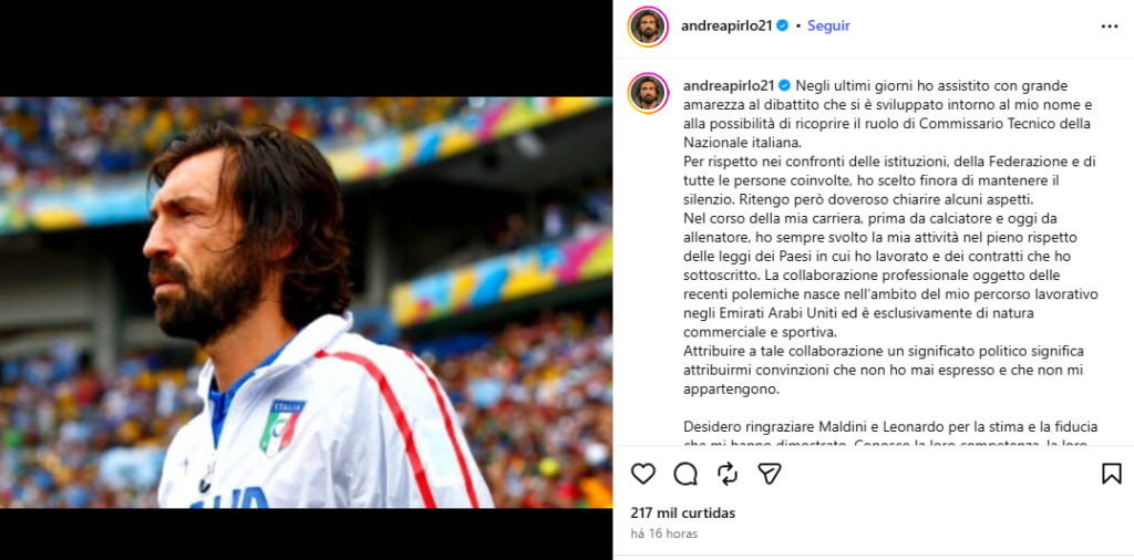 Pirlo rebate críticas sobre ligação com a Rússia e confirma que não será técnico da Itália