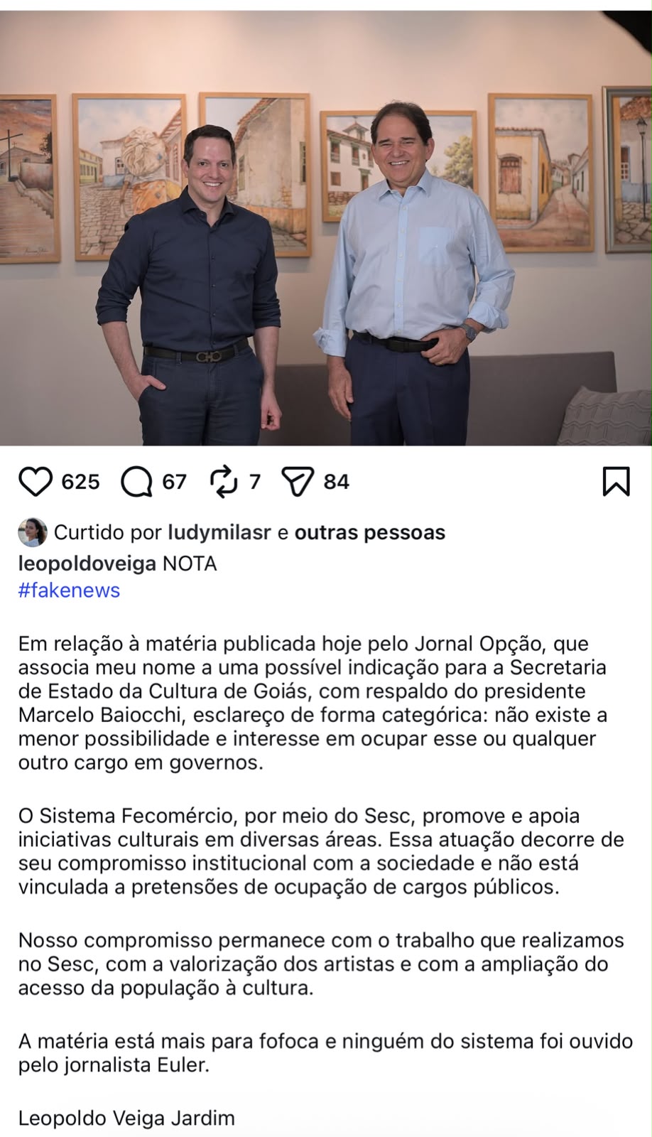 Leopoldo Veiga Jardim nega interesse em assumir Secretaria de Cultura de Goiás (foto: reprodução)
